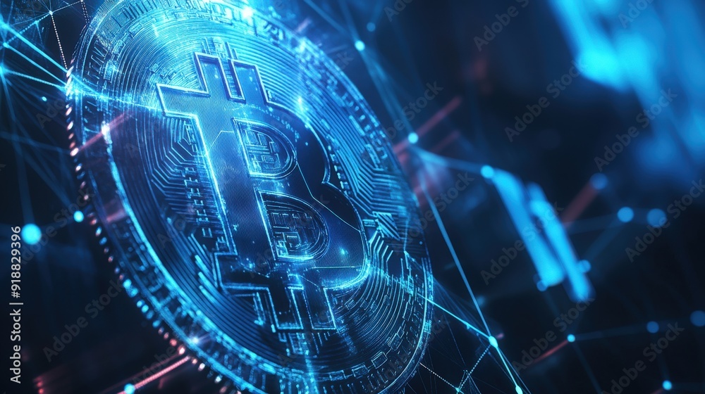 Fototapeta premium bitcoin icon blockchain crypto currency digital encryption technology global network connections background concept ai generated