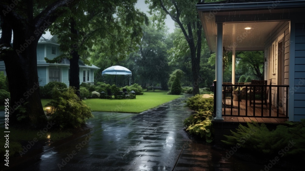Obraz premium A wet, stone pathway leads to a covered porch on a rainy evening, illuminated by a porch light.