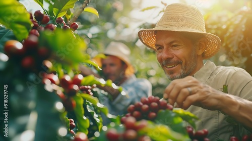 Happy farmers collecting Arabica coffee beans on the coffee tree : Generative AI