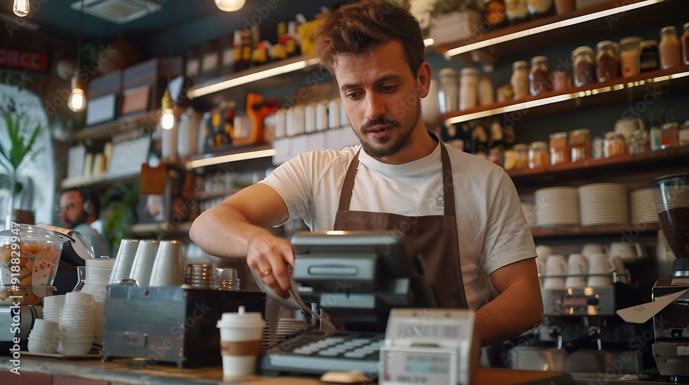 Young caucasian man in apron working with cash box in coffee shop behind the counter Male worker barista waiter manager administrator checking order on digital cash register Business c : Generative AI Young caucasian man in apron working with cash box in coffee shop behind the counter Male worker barista waiter manager administrator checking order on digital cash register Business c : Generative AI