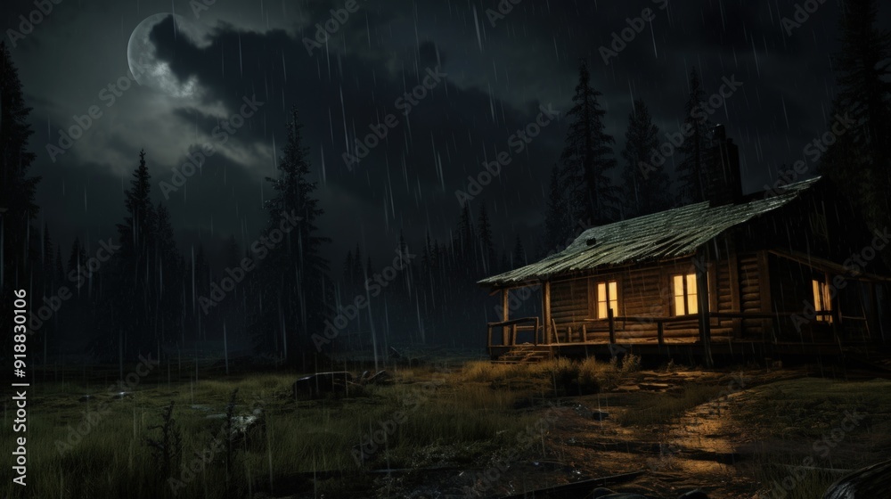 A wooden cabin with lit windows stands alone in a dark forest under a moonlit sky. Rain falls heavily. A wooden cabin with lit windows stands alone in a dark forest under a moonlit sky. Rain falls heavily.