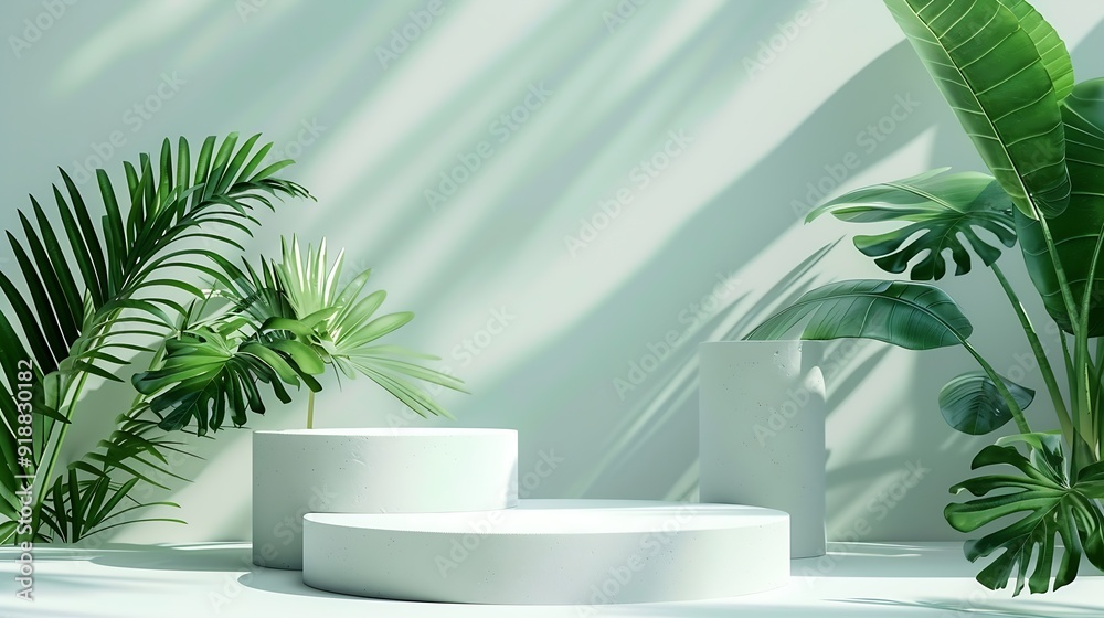Creative concept of minimalism with leaf and plaster podium Blank space on white podiums for presentation product and green leaves on a white background Summer theme Scene for advertis : Generative AI