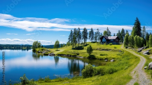 A wooden cabin with a view of a large blue lake, nestled between green trees and a grassy hill under a clear blue sky.