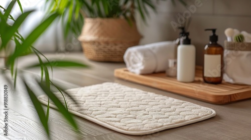 Soft bath mat green plant and cosmetic products on floor in bathroom : Generative AI