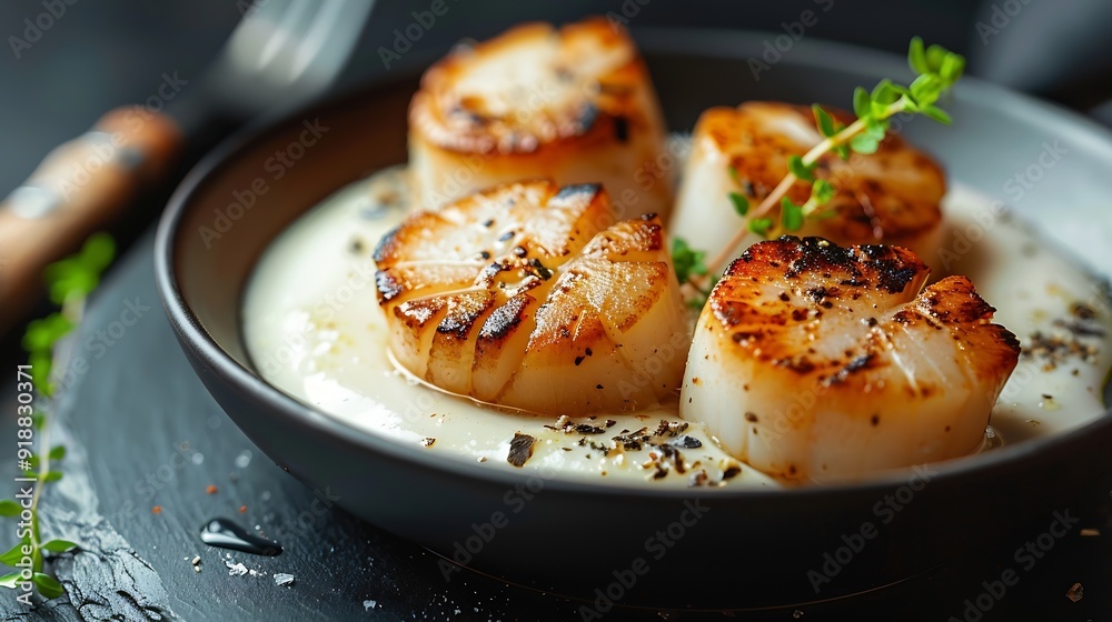 Fancy appetizer of grilled sea scallops in creamy sauce Roasted sea scallops in cheese espuma in ceramic bowl on black concrete background Seafood menu Delicatessen sea scallop on dark : Generative AI Fancy appetizer of grilled sea scallops in creamy sauce Roasted sea scallops in cheese espuma in ceramic bowl on black concrete background Seafood menu Delicatessen sea scallop on dark : Generative AI