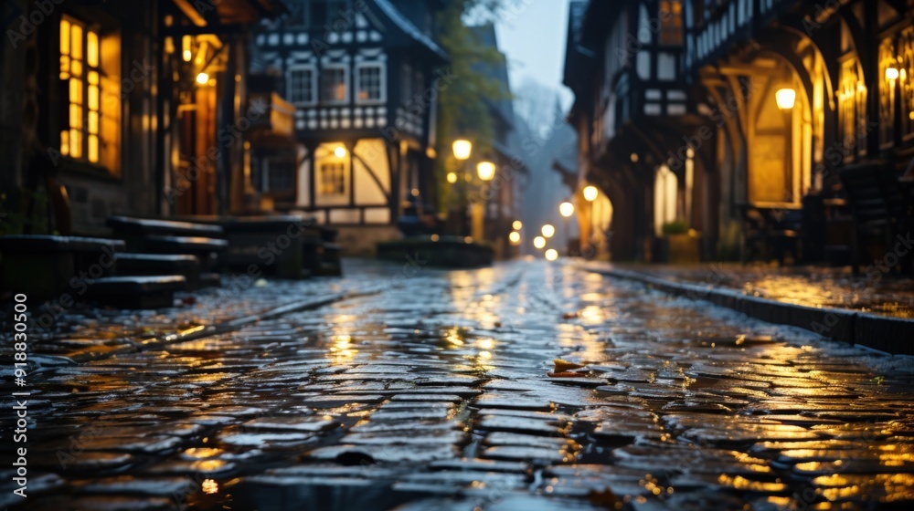 Cobblestone street lit by warm streetlamps at night. Cobblestone street lit by warm streetlamps at night.