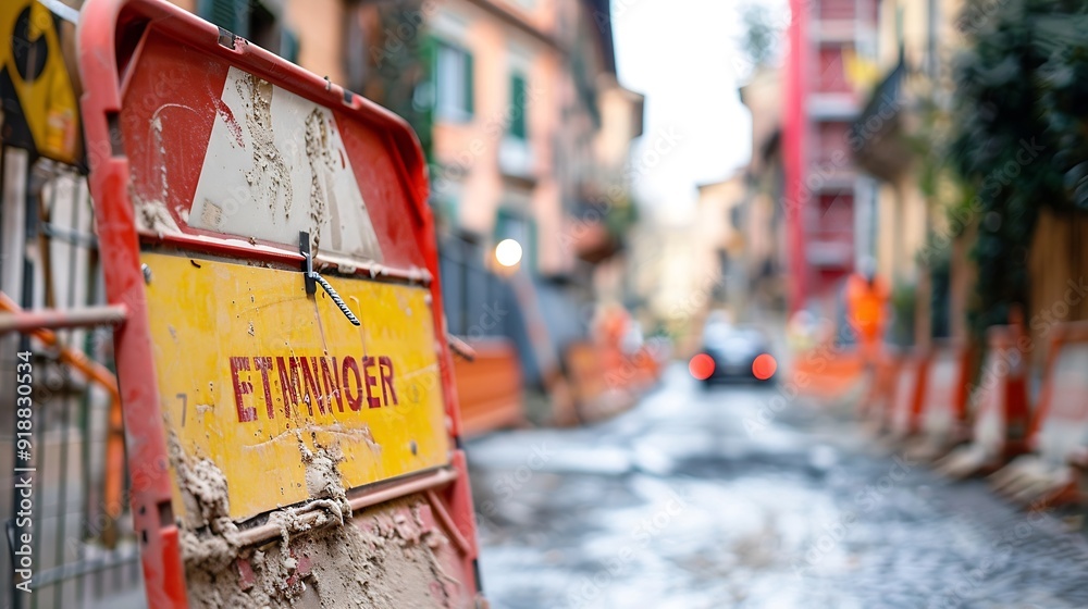 Fototapeta premium Construction site sign with the writing in Italian which means Entry to nonworkers prohibited for the safety of people : Generative AI
