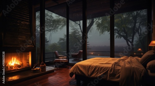 Cozy bedroom with a fireplace and a view of a foggy forest through large windows.