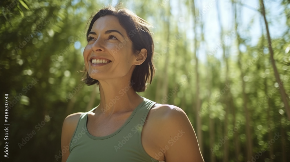 Portrait of an attractive woman in her late thirties, wearing light green yoga pants and sports top smiling while standing outside surrounded by bamboo trees.