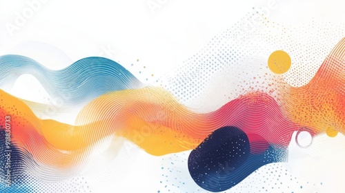 A white background with abstract wave patterns and business elements.