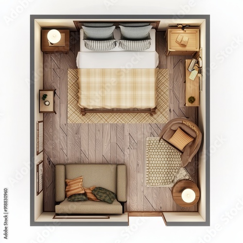 Top down view, 3D Render of a guest room with a traditional bed, floor plan, on isolated white background photo