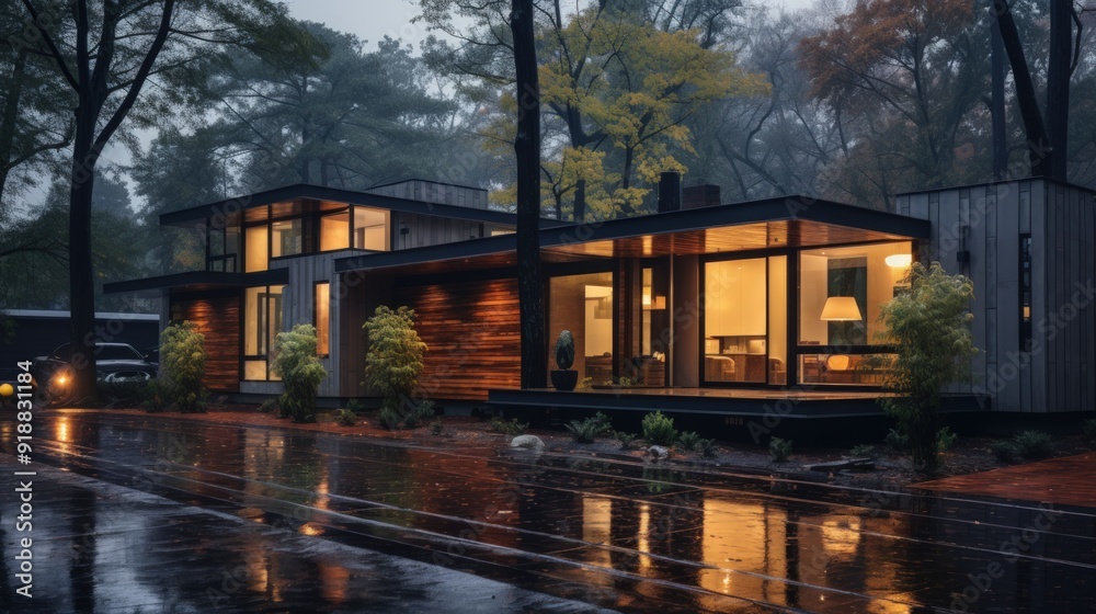 Fototapeta premium Modern house with large windows lit up at night, reflecting in a wet driveway after a rain shower in a forest setting.