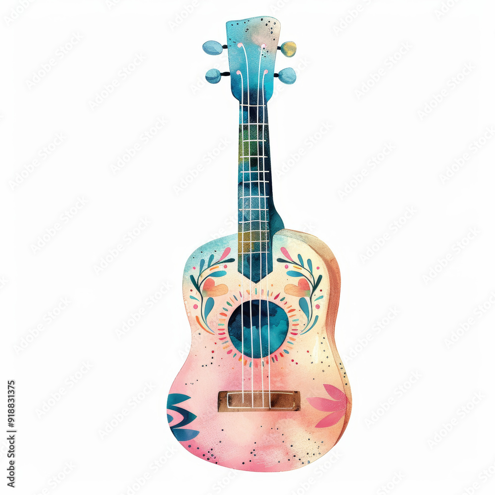 Naklejka premium Colorful Floral Ukulele With Abstract Design on White Background