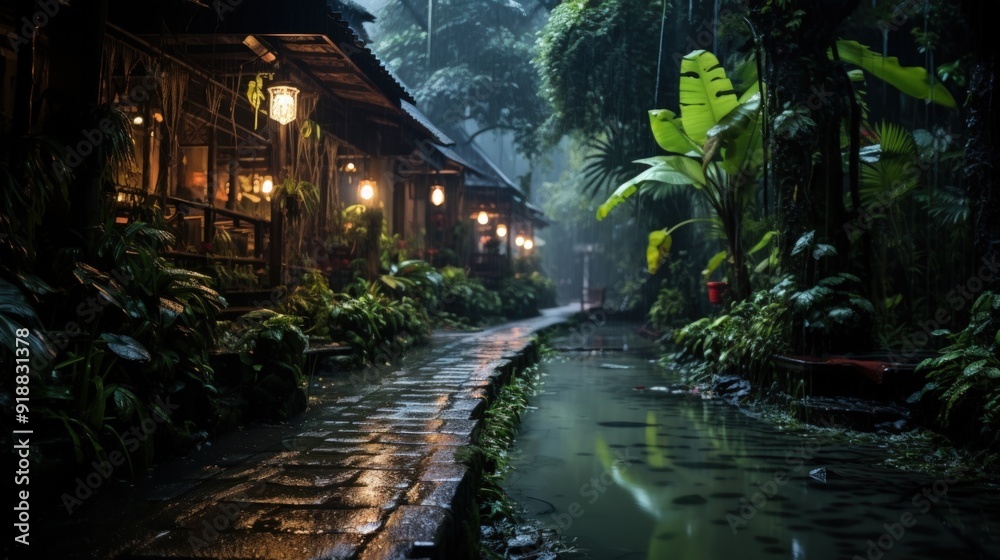 Rain-soaked stone path through a lush jungle leading to a small stream with buildings on the left. Rain-soaked stone path through a lush jungle leading to a small stream with buildings on the left.