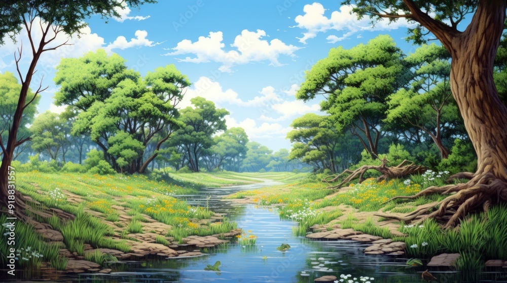 Fototapeta premium Serene forest stream flows through lush green trees and flowers under a blue sky with white clouds.
