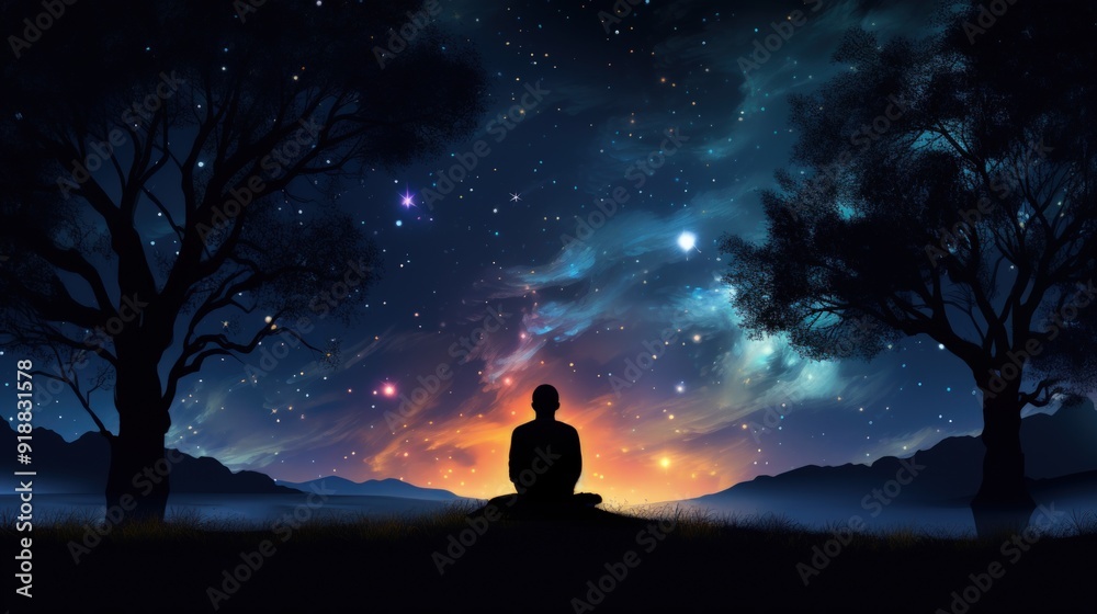 Silhouette of a person sitting on a hill, looking at a starry sky with glowing clouds. Silhouette of a person sitting on a hill, looking at a starry sky with glowing clouds.