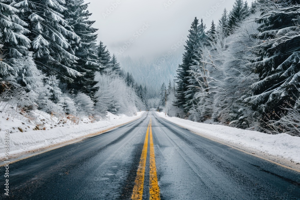 A snowy road surrounded by trees in a forest A snowy road surrounded by trees in a forest