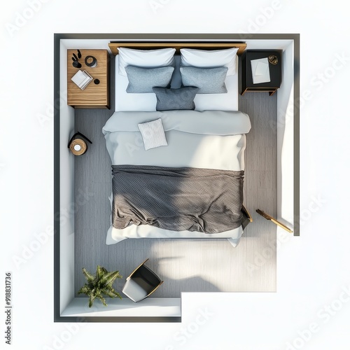 Top down view, 3D Render of a modern guest room with a double bed, minimalist furniture, on isolated white background