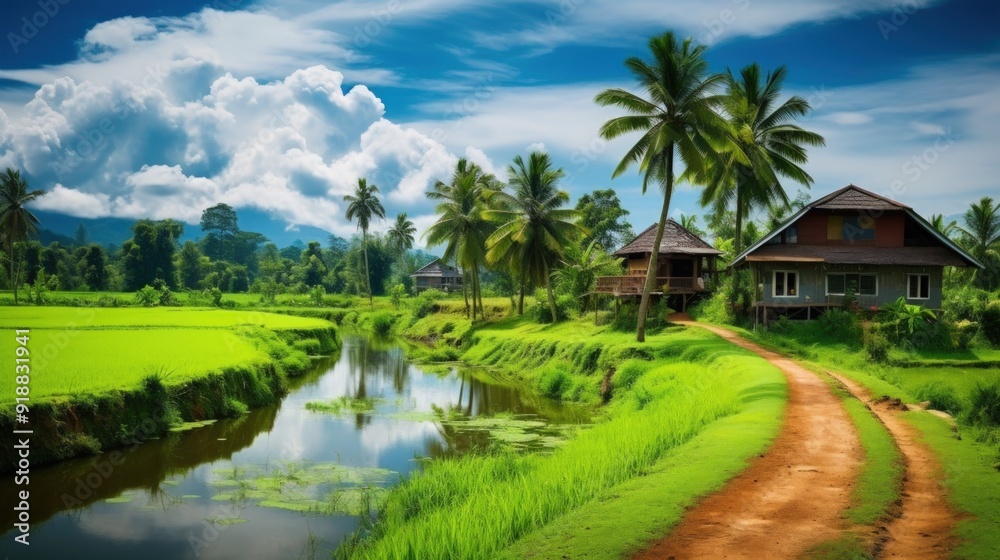 Tropical landscape with a dirt road leading to a traditional wooden house nestled in lush greenery, with a river flowing nearby and a bright blue sky with fluffy clouds. Tropical landscape with a dirt road leading to a traditional wooden house nestled in lush greenery, with a river flowing nearby and a bright blue sky with fluffy clouds.