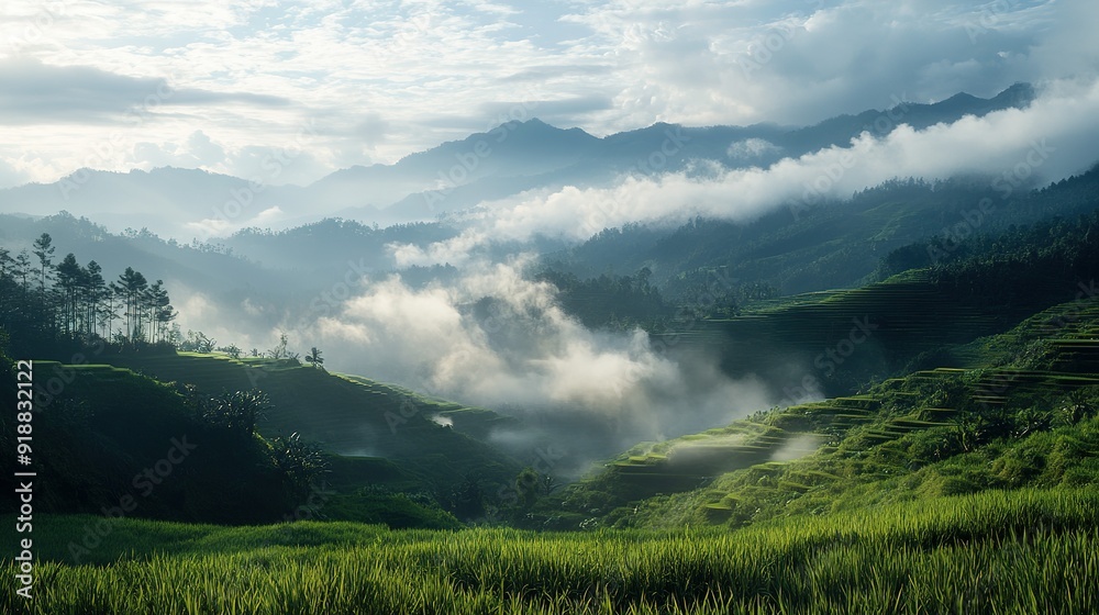 Fototapeta premium Misty Morning Over Lush Green Rice Terraces in Mountains