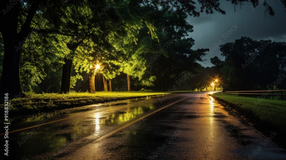 Wet asphalt road at night with reflections of streetlights and trees. Wet asphalt road at night with reflections of streetlights and trees.