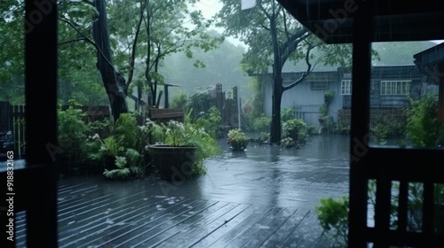 View from a window of a rainy backyard with a wet wooden deck.