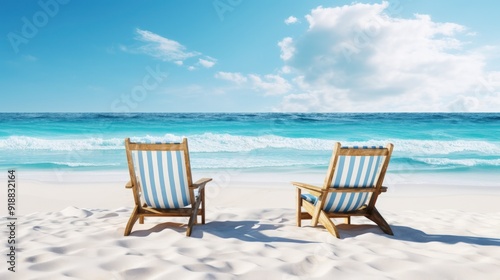 Two striped beach chairs on a white sandy beach with turquoise water and blue sky.