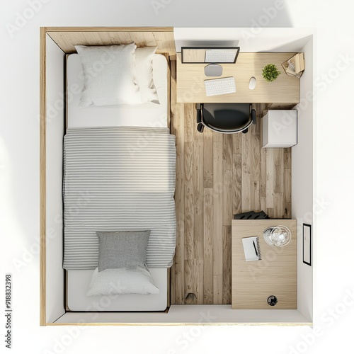 Top down view, 3D Render of a small guest room with a single bed, desk, floor plan, on isolated white background photo