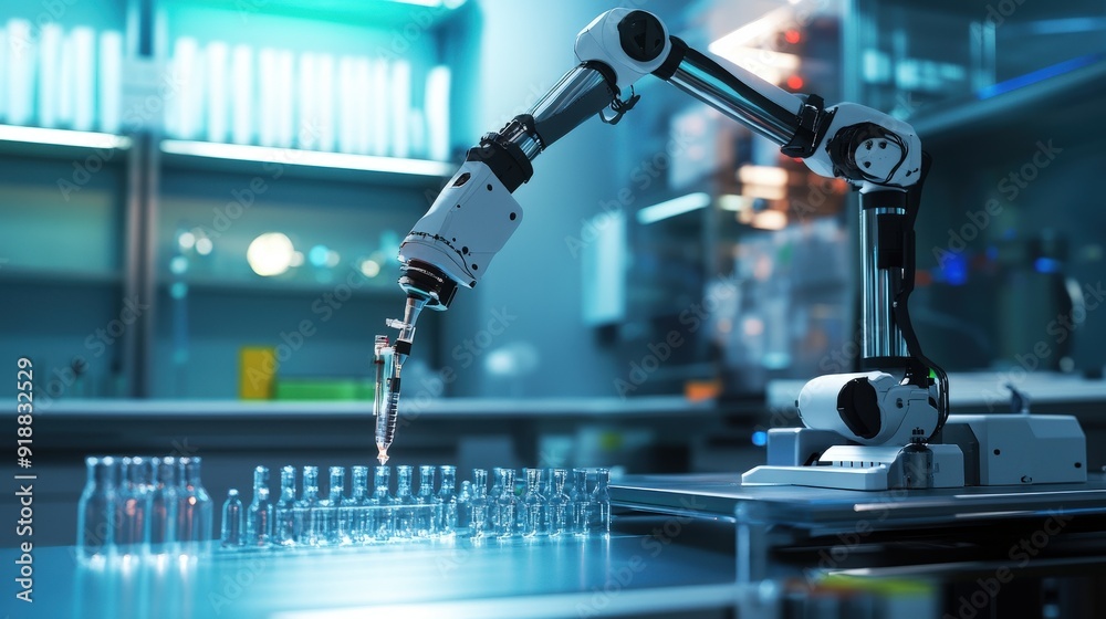 A robotic arm conducting experiments in a high tech biotechnology laboratory. A robotic arm conducting experiments in a high tech biotechnology laboratory.