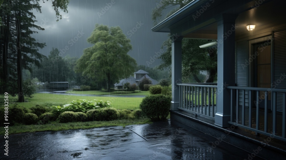 Wet porch with a view of a rainy suburban neighborhood. Wet porch with a view of a rainy suburban neighborhood.