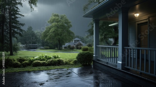 Wet porch with a view of a rainy suburban neighborhood.