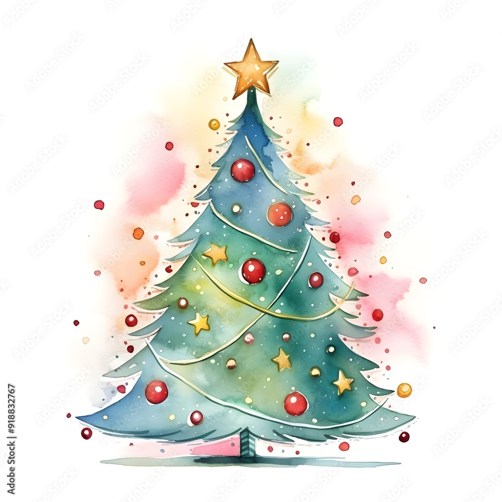 Christmas tree decorated with lights, blurred, pastel colour, watercolor background.