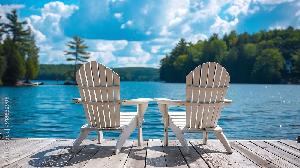 custom made wallpaper toronto digitalSide view of two white Adirondack chairs on a cottage wooden dock facing the blue water of a lake in Muskoka Ontario Canada on a beautiful sunny summer day : Generative AI