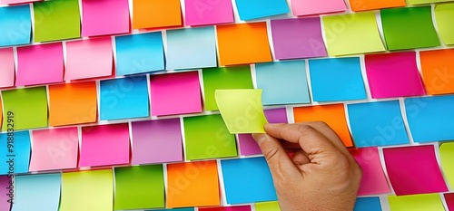 A hand is seen removing a yellow sticky note from a wall covered in colorful sticky notes.