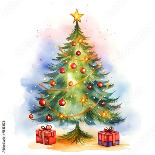 Christmas tree decorated with lights, blurred, pastel colour, watercolor background.