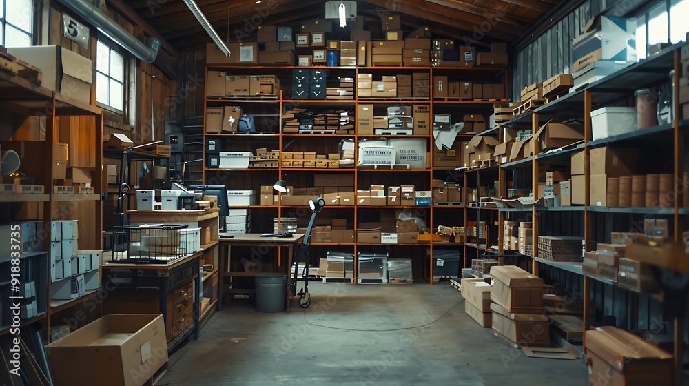 Empty storage room with office desk and shelves warehouse filled with boxes of retail products Order management and quality control space for stock merchandise small business : Generative AI Empty storage room with office desk and shelves warehouse filled with boxes of retail products Order management and quality control space for stock merchandise small business : Generative AI
