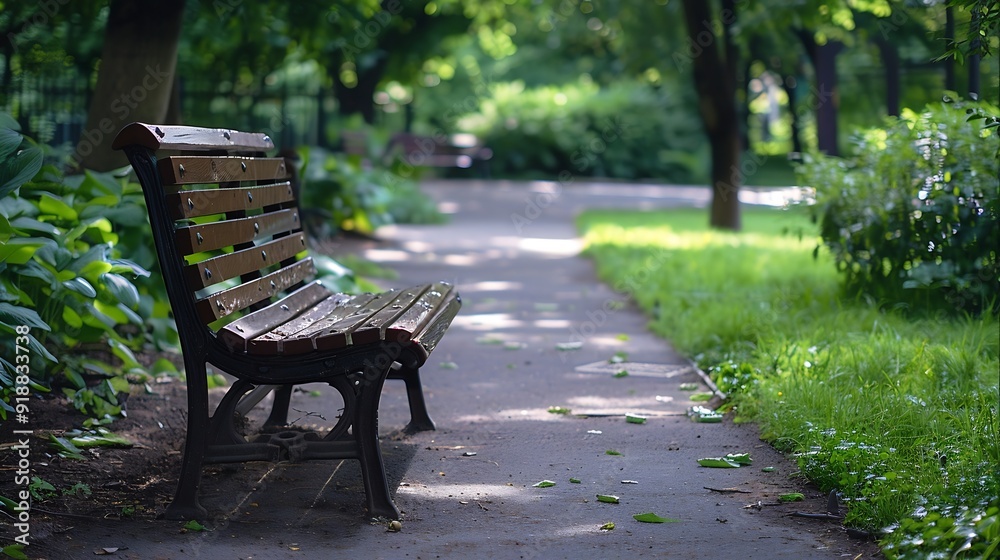 Empty park bench on a sidewalk urban setting : Generative AI