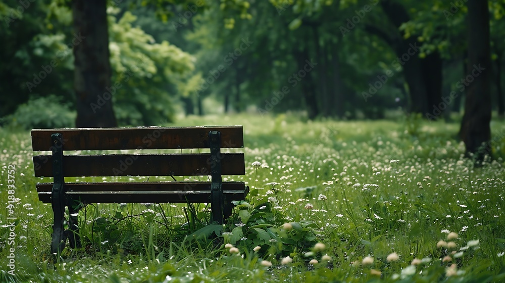 One empty park bench along the overgrown meadow : Generative AI One empty park bench along the overgrown meadow : Generative AI