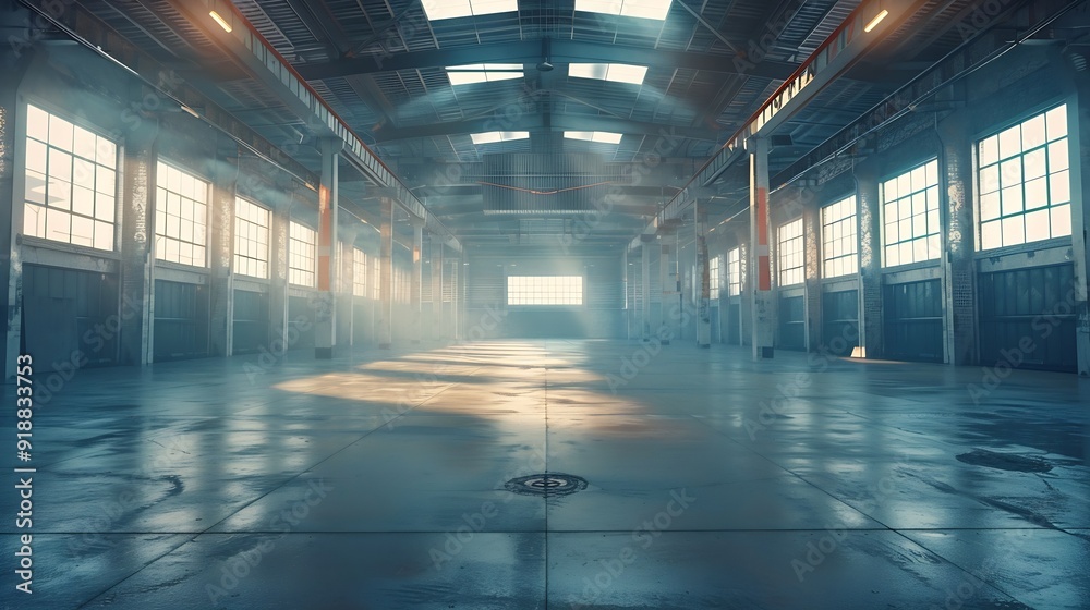 Clean and empty industrial hall in detail for supporting poles : Generative AI Clean and empty industrial hall in detail for supporting poles : Generative AI
