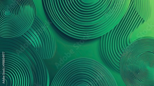 A gradient green background with abstract geometric patterns.