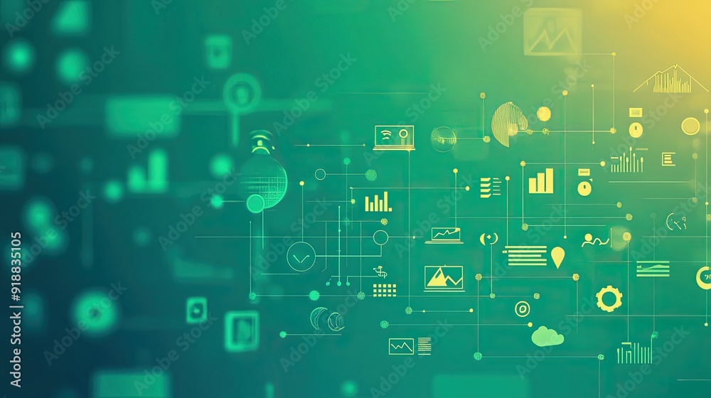 A gradient green background with abstract business icons.