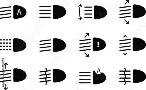 Headlight, light indicators dashboard Flat icons Set. Vectors high beam. Car light symbols. Vehicle dashboard indicators include high and low beam and adjustable headlight on transparent background.