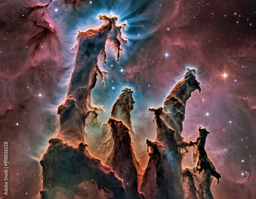 The Pillars of Creation rise up in the vast cosmic void, cosmos astronomical galaxy photo image