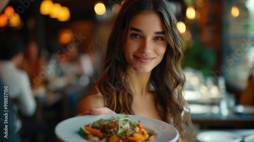 Horizontal image of male hand serving plate of vegetarian dinner in restaurant to a beautiful young woman : Generative AI photo