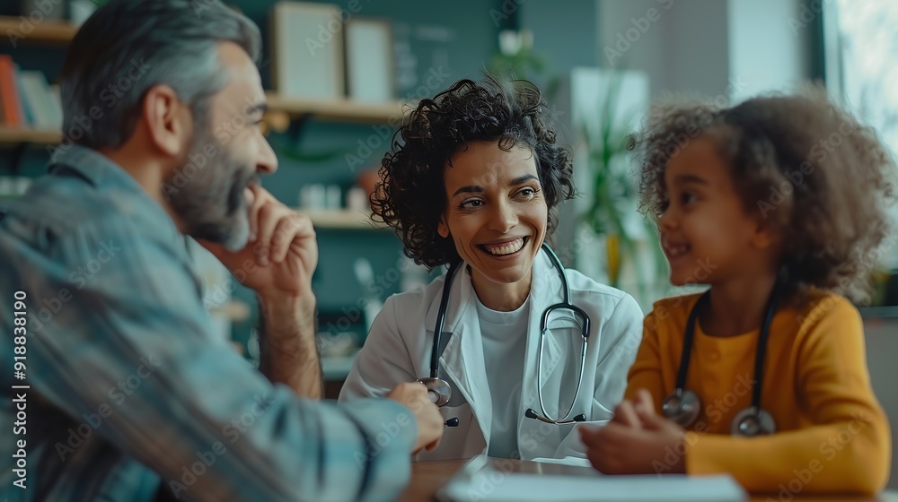 Mother and child visit family doctor at modern clinic Happy smiling mom and daughter sitting at table together with man pediatrician and talking about medical checkup results Healthcar : Generative AI Mother and child visit family doctor at modern clinic Happy smiling mom and daughter sitting at table together with man pediatrician and talking about medical checkup results Healthcar : Generative AI