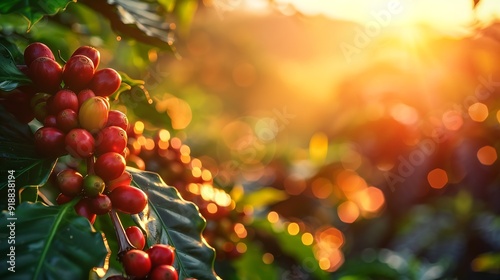 Coffee plantation Coffee beans on tree with sunrise background Fresh red and green coffee beans on trees Coffee beans ripening red berry branch in farm harvesting in mountain : Generative AI