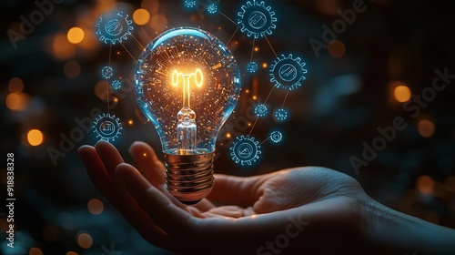 Business process automations  Detailed depiction of a light bulb in a hand with digital gears floating around it photo