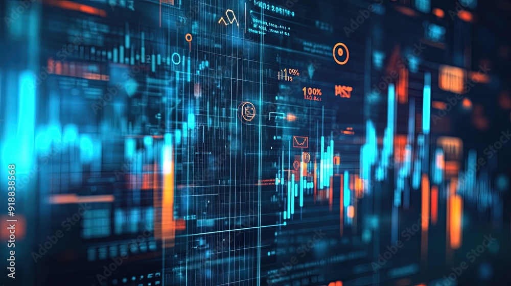 Obraz premium A background with business icons and financial data overlays.