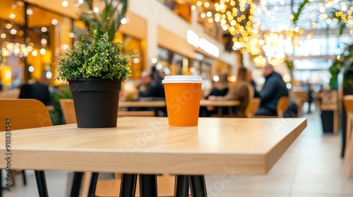 Shoppers enjoying a food court in a shopping mall, focus on diverse dining options and social interaction, vibrant and welcoming seating area