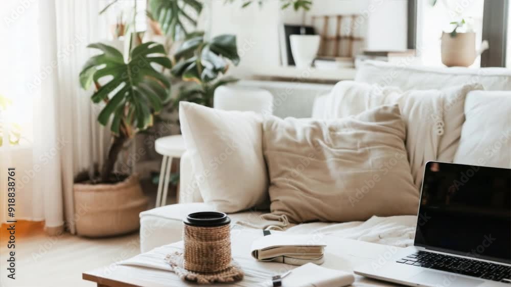 A laptop is open on a couch with a cup of coffee next to it A laptop is open on a couch with a cup of coffee next to it